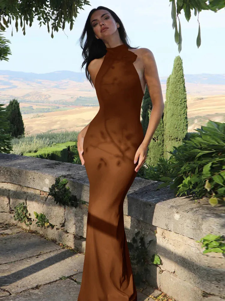 Mock Neck Halter 3D Floral Applique Bodycon Maxi Dress