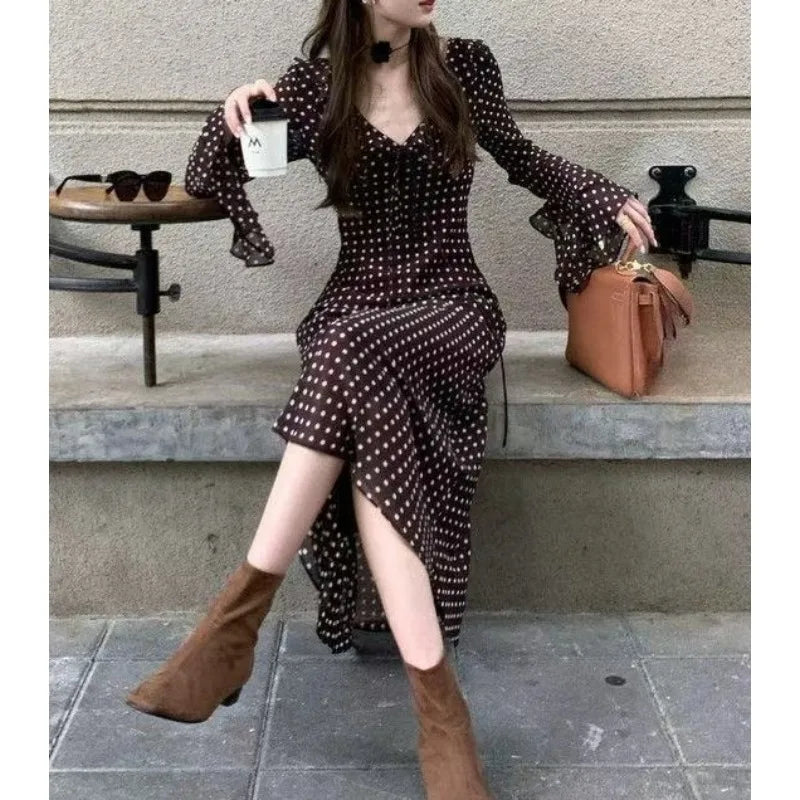 Spring and Summer New Temperament Long-sleeved V-neck Classic Polka Dot Long Dress Women's Clothing