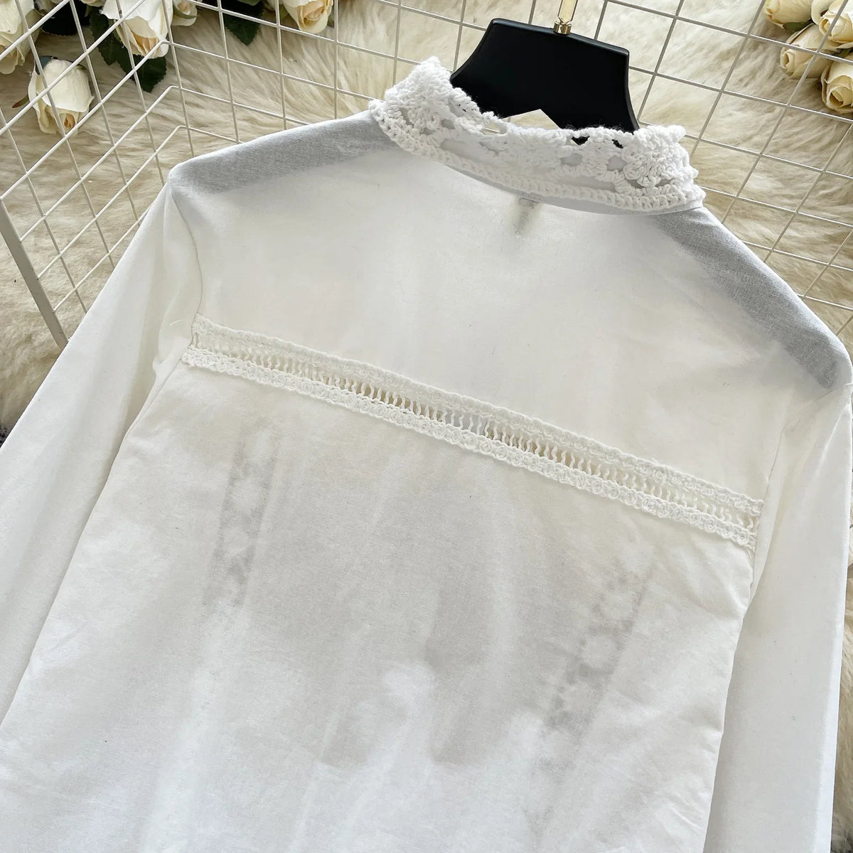 Crochet Patchwork Shorts Sets Women Single Breasted Lapel Collar Long Sleeve Blouse Summer Casual Fashion White Two-piece Set