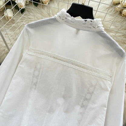 Crochet Patchwork Shorts Sets Women Single Breasted Lapel Collar Long Sleeve Blouse Summer Casual Fashion White Two-piece Set