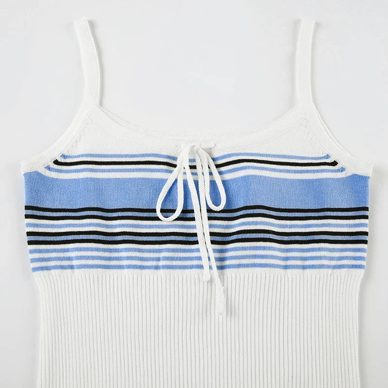 Sweetown Simple Knitted Camisole Tops Stripe Patchwork Slim Casual Holiday New Fashion Blouses