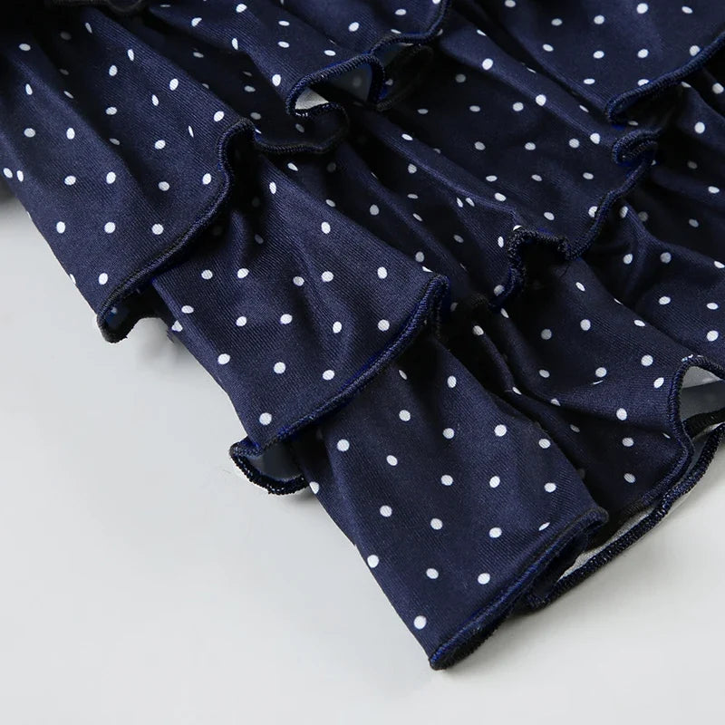 Dot Print V-neck Halter Camisole Top and A-line Layered Skirt Suit Fashion Sexy Women Backless Summer Two Piece Set