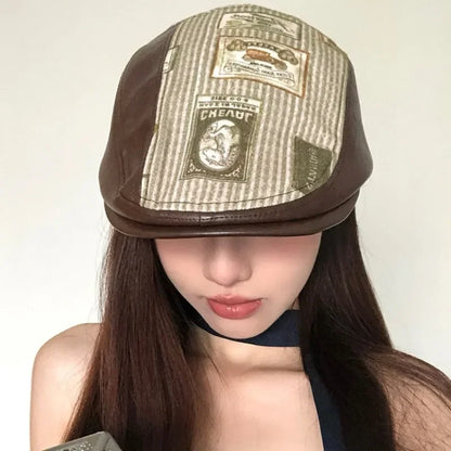 Japanese Retro Printed PU Leather Forward Hats for Women Summer and Autumn New Niche Splicing British Berets Caps Men
