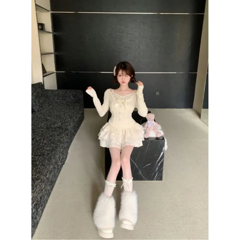 Japanese Elegant Kawaii Two Piece Set Women French Vintage Sweet Mini Skirt Suit Female Korean V-neck Cardigan+Cake Skirt