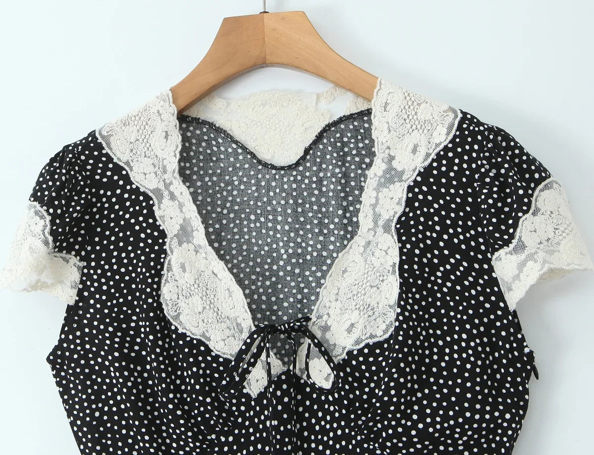 New 2026 Women Short Sleeve V Neck Elegant A-line Midi Summer Polka Dot Dresses Holiday Robe