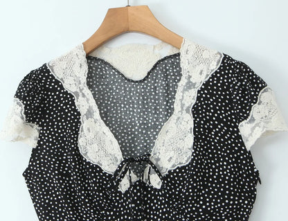 New 2026 Women Short Sleeve V Neck Elegant A-line Midi Summer Polka Dot Dresses Holiday Robe
