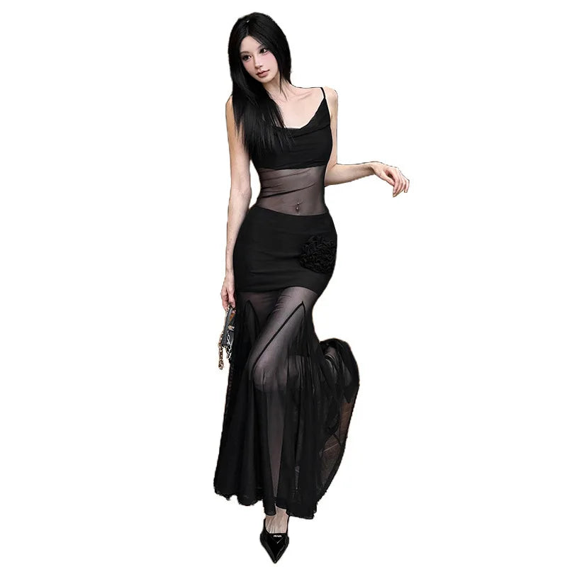 Autumn and Winter Women's Solid Color Sexy Pure Desire Suspenders See-through Slim-fitting Hip Long Dress