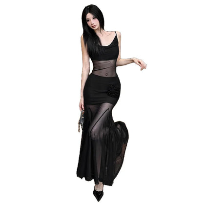 Autumn and Winter Women's Solid Color Sexy Pure Desire Suspenders See-through Slim-fitting Hip Long Dress