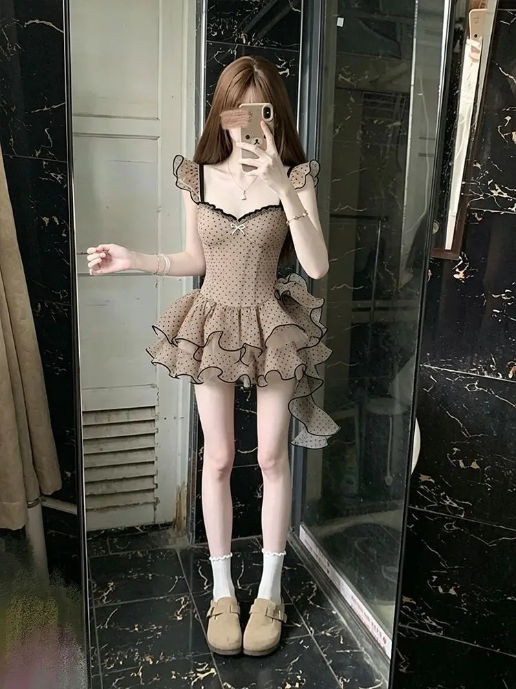 French Style Celebrity Polka Dot Mesh Sling Dress Ball Gown Elegant Slim Waist Vestidos Pure Desire Premium Age Reduction Robe