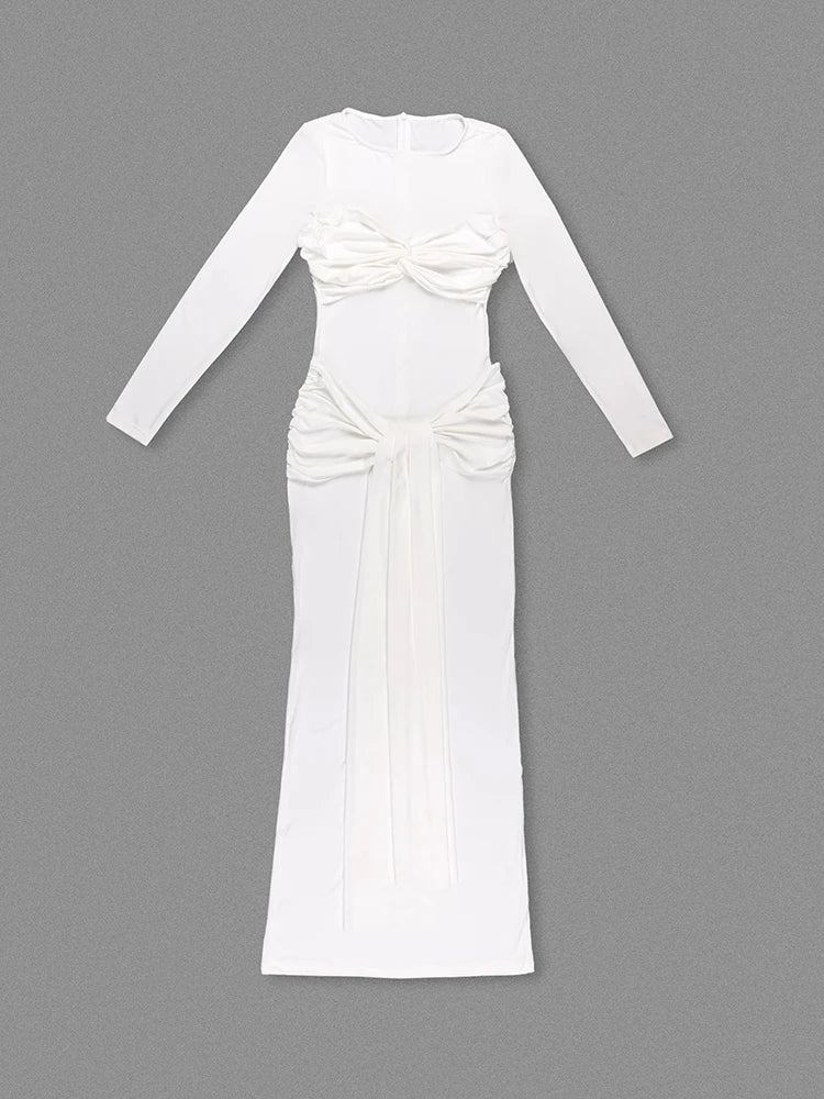 Crew Neck Long Sleeve Twist Front Ruched Waist Drape Maxi Dress