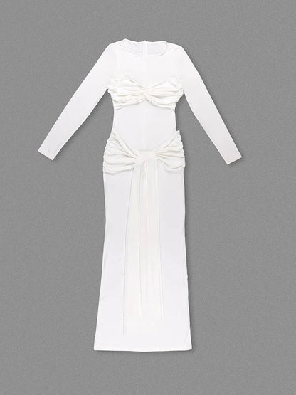 Crew Neck Long Sleeve Twist Front Ruched Waist Drape Maxi Dress