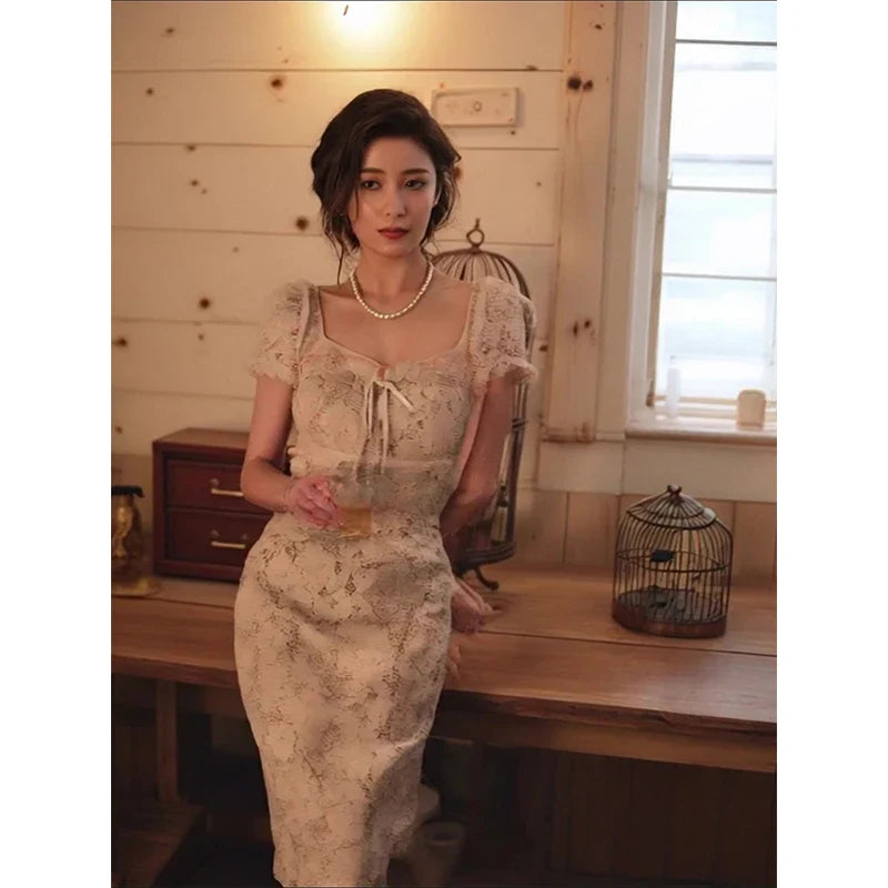Vintage Midi Dress Women Elegant Party Prom Lace Square Collar Dresses Summer Korean Puff Short Sleeve Bodycon Design Vestidos