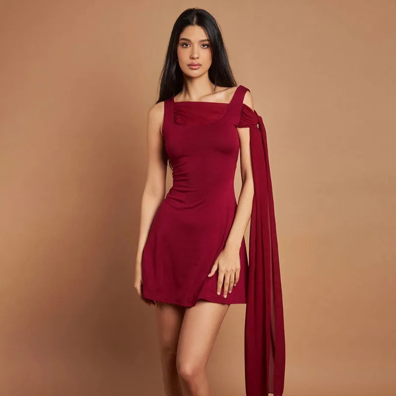 Square Neck Draped Panel Chiffon Sash Shoulder Mini Dress