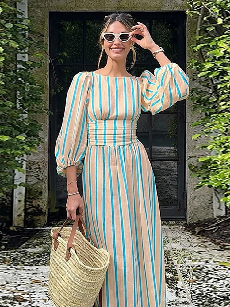 Casual Stripes Long Dresses Women Loose Backless Lace Up Long Lantern Sleeve Dress Female Summer Fashion Streetwear Lady