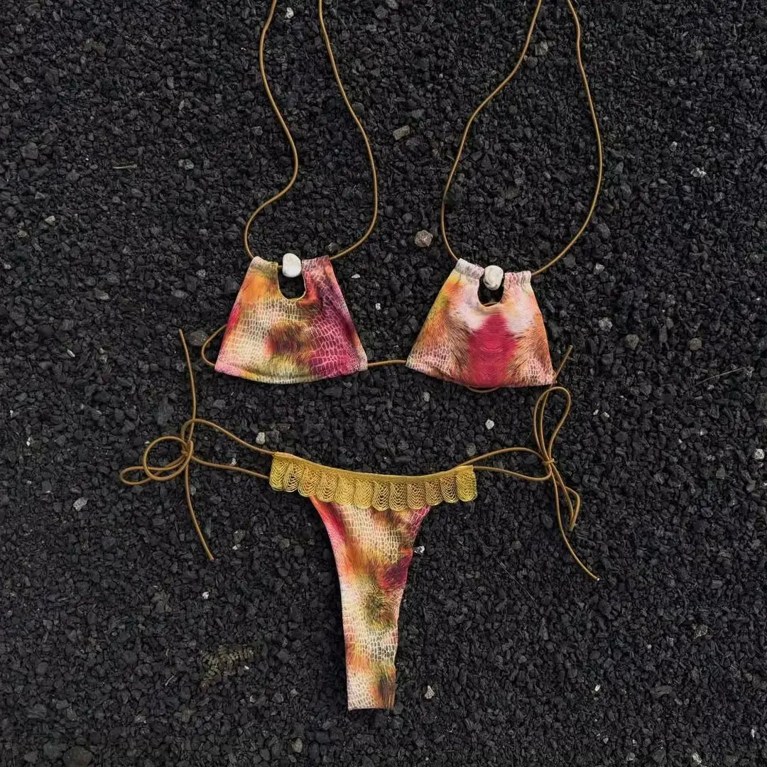 Print Bikini Set Women Tie Side Swimsuit Cut Out Swimwear Beach Vacation Bathing Suit Summer 2 Piece Set High Cut Bikini Outfit