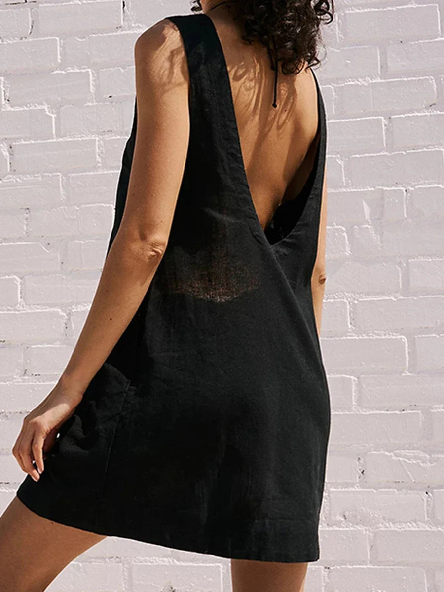 Solid Color Backless Mini Dress Women Crew Neck Sleeveless Simple Short Vestidos Summer Chic Casual Elegant A-line Dresses New