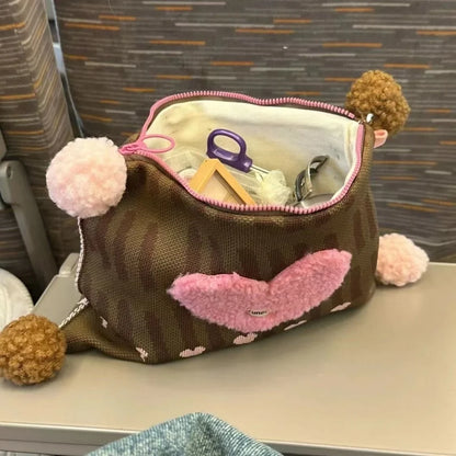 Plush Heart Kawaii Square Makeup Bag Zipper Large Capacity Chic Storage Bag Korean Casual Travel Cosmetic Bag Women's Clutch Bag