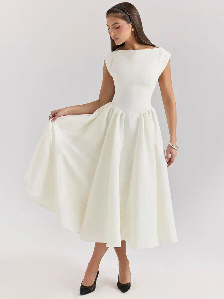Boat Neck Cap Sleeve Pleated Waist Band Fit and Flare Midi Dress