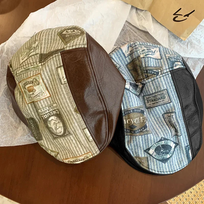 Japanese Retro Printed PU Leather Forward Hats for Women Summer and Autumn New Niche Splicing British Berets Caps Men