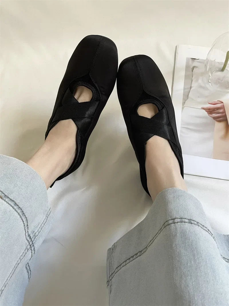 New Women's Ballet Slippers Pink Soft Sole Shallow Heel Round Head Fiberglass Fabric Retro Style Low Heel