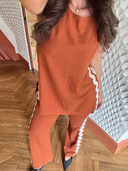 Casual Sleeveless Shirts Long Pant Woman's Set Versatile Loose O-neck Shirts High Waist Trousers Sets Female Spring Chic Outfits