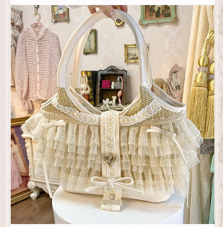 Elegant Lady Japanese Original Lolita Lace Ribbon Bow Handbag Vacation Style Sweet Cute Doll Daily Commuter Versatile Tote Bag