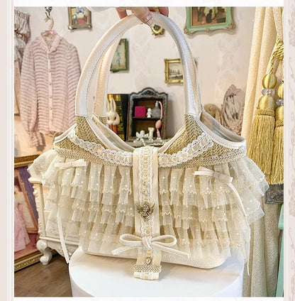 Elegant Lady Japanese Original Lolita Lace Ribbon Bow Handbag Vacation Style Sweet Cute Doll Daily Commuter Versatile Tote Bag
