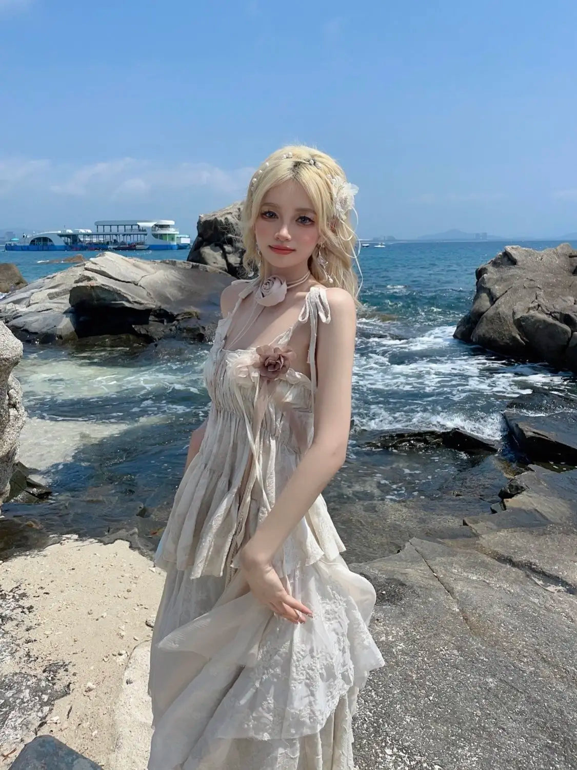 Rose bustier and halter top for women irregular bustier skirt set super fairy retro country style design sense summer 2024