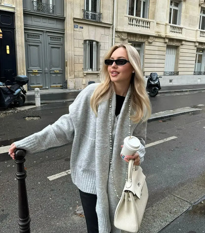 Elegant Solid Scarf Collar Knitted Cardigan Women Chic Full Sleeve With Pocket Loose Sweater New Autumn Lady Casual Street Wear