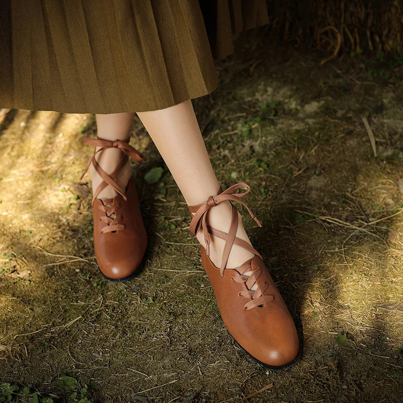 Women Basic Flats Real Leather Comfort Flats Round Toe Woman Lace-Up Daily Flats British Style Cowhide Retro Oxfords