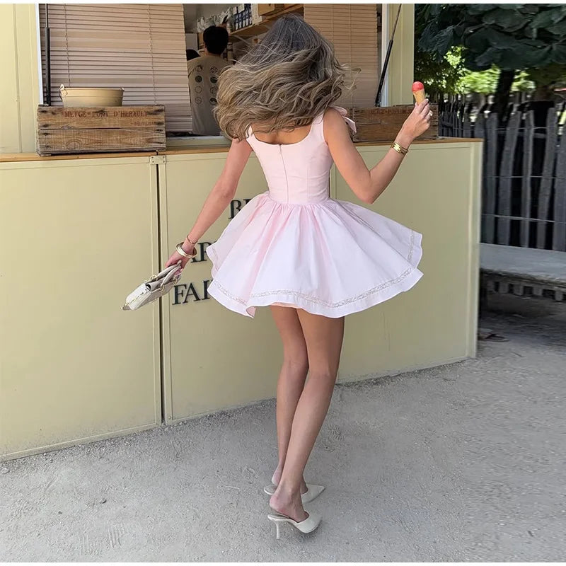 Pink Bow Women's Short Puffy A-line Dress Square Neck Sleeveless Party Dresses Female 2025 Summer Chic Lace Splicing Robe