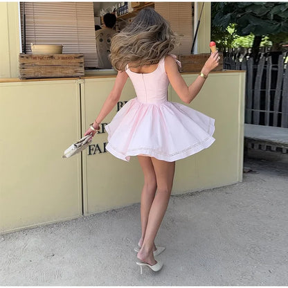 Pink Bow Women's Short Puffy A-line Dress Square Neck Sleeveless Party Dresses Female 2025 Summer Chic Lace Splicing Robe