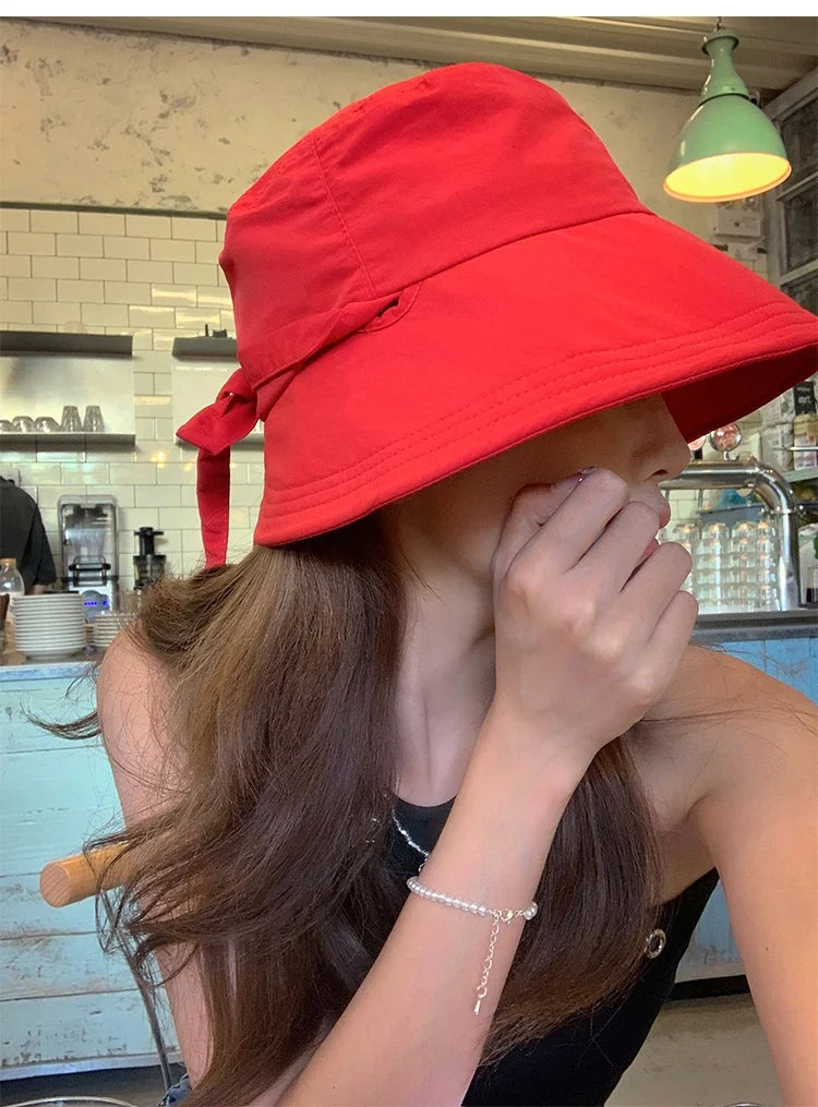 Korean Retro Red Strap Bucket Hats Summer Travel Versatile Sunscreen Show Face Small Sweet Beautiful Women's Caps