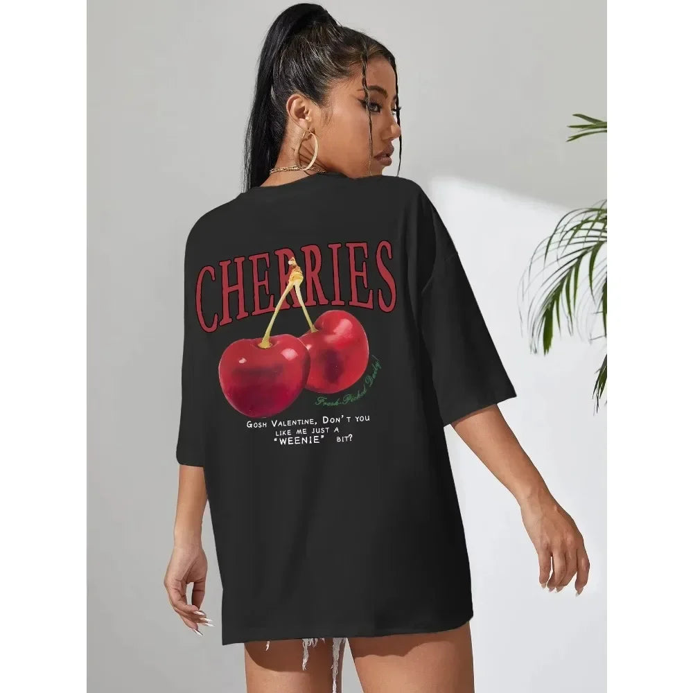 Cherry Print Loose Cotton T-shirt