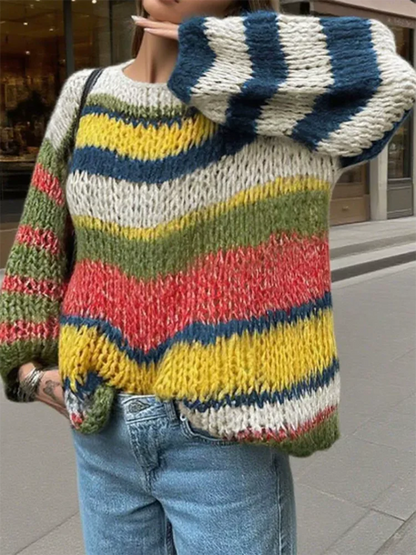 Autumn Winter New Lady Commuting Jumpers Fashion Rainbow Stripe Printed Knitted Pullovers Casual Long Sleeve Hollow Out Sweater