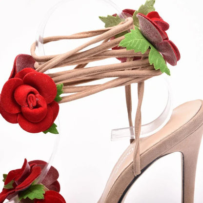 New Satin Rose High Heel Cross Straps Round Head Fine Heel Super High Heel Large Size Strappy Women's Sandals Wedding Shoes