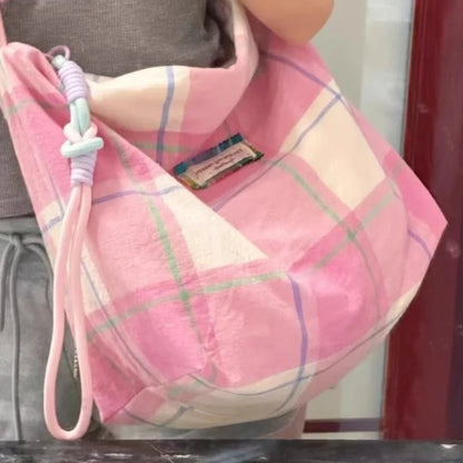 Trendy Women Y2k Aesthetic Plaid Canvas Bags Streetwear Fashion Casual Shoulder Bag Korean Vintage All Match Handbags Crossbody