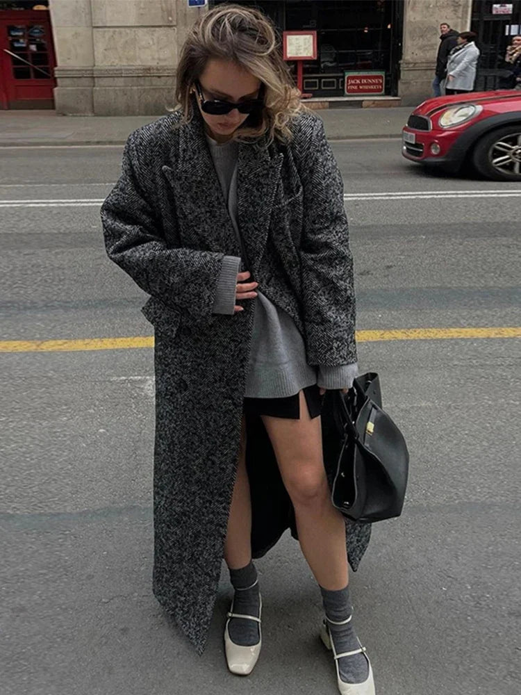 Women Herringbone Wool Tweed Overcoat Fashion Long-Sleeved Turn-down Collar Coat Double Breasted High Street Outerwears