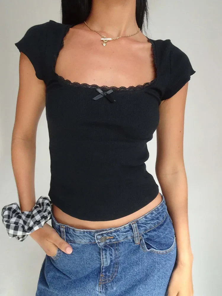 Lace Trim Knitted Cottage Baby Tee Crop Top