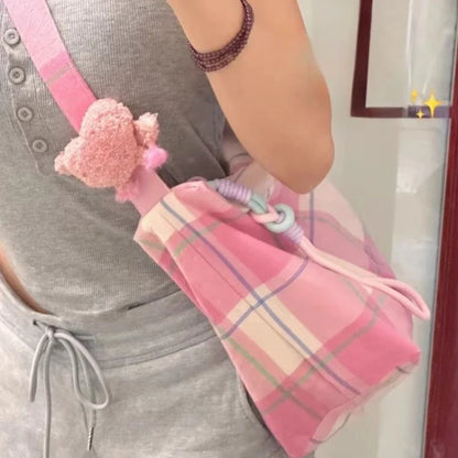 Trendy Women Y2k Aesthetic Plaid Canvas Bags Streetwear Fashion Casual Shoulder Bag Korean Vintage All Match Handbags Crossbody