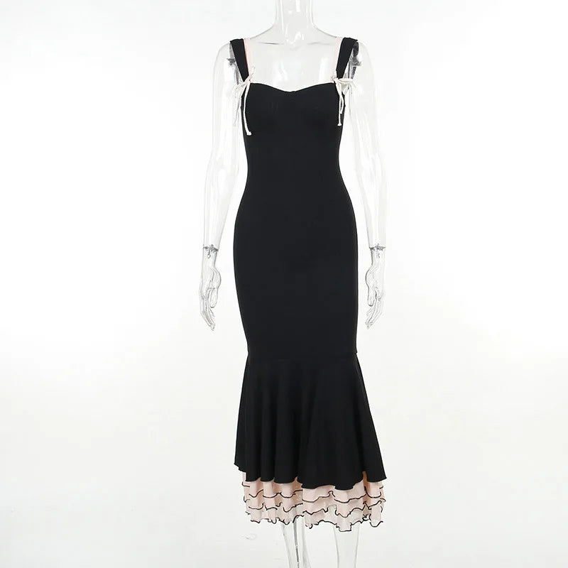 Sweetheart Double Strap Ruffle Trim Mermaid Hem Midi Dress