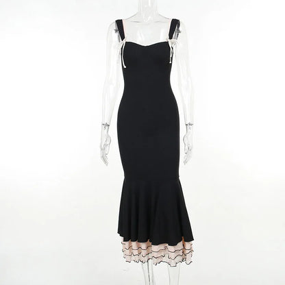Sweetheart Double Strap Ruffle Trim Mermaid Hem Midi Dress