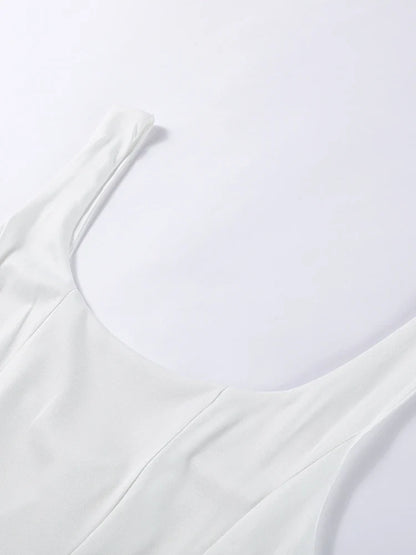 Solid Color Halter Long Dress Straps Slim Fit Sexy Square Neck Suspender High Waist Pleated Beach Dresses Women's Party Robes