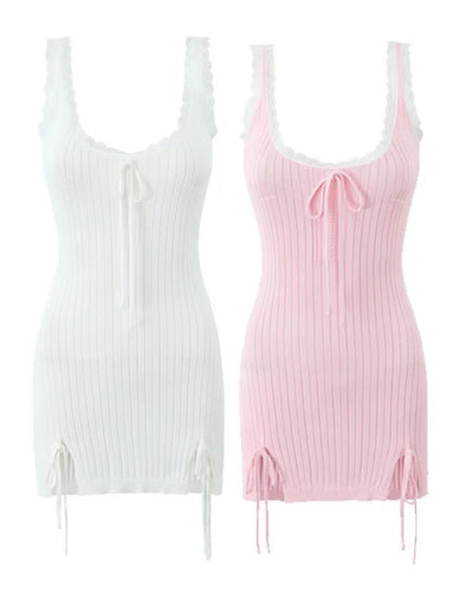 New Pink White Lace Patchwork Short Dress For Women's Clothing Ruffle Square Collar Vacation Beach Summer Knit Slip Dress