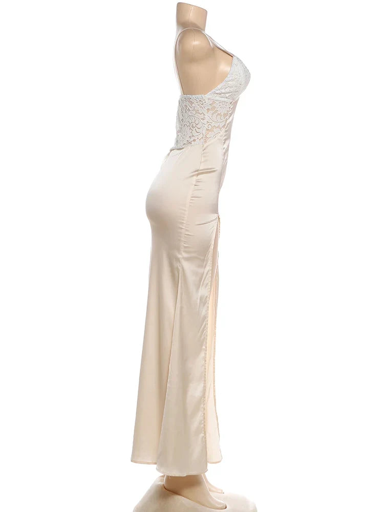 Patchwork Jacquard Maxi Dress Women High Side Slit v-Neck Skinny Elegant Summer Fashion Wedding Party Chic Vestidos