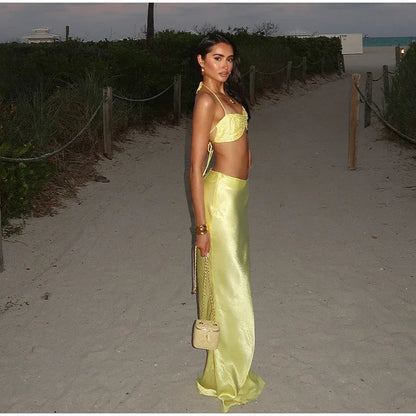 Sexy Sequined Bikini Top Skirt Sets Women Halter Lace Up Backless Crop Top Hip Package Long Skirts 2025 Summer Lady Beach Suits