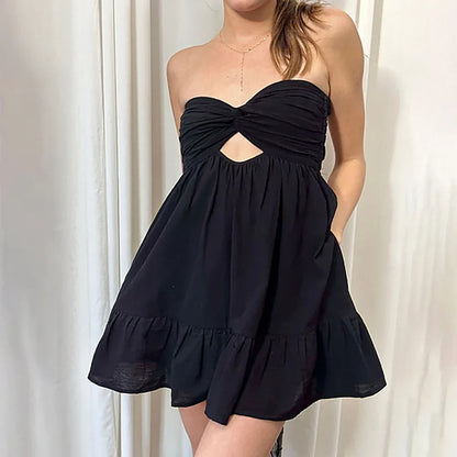 Summer New Women Mini Dress Fashion Hollow Out Seaside Party Dress Sleeveless Wrap Collar Sexy Backless Female Clothing S-3XL