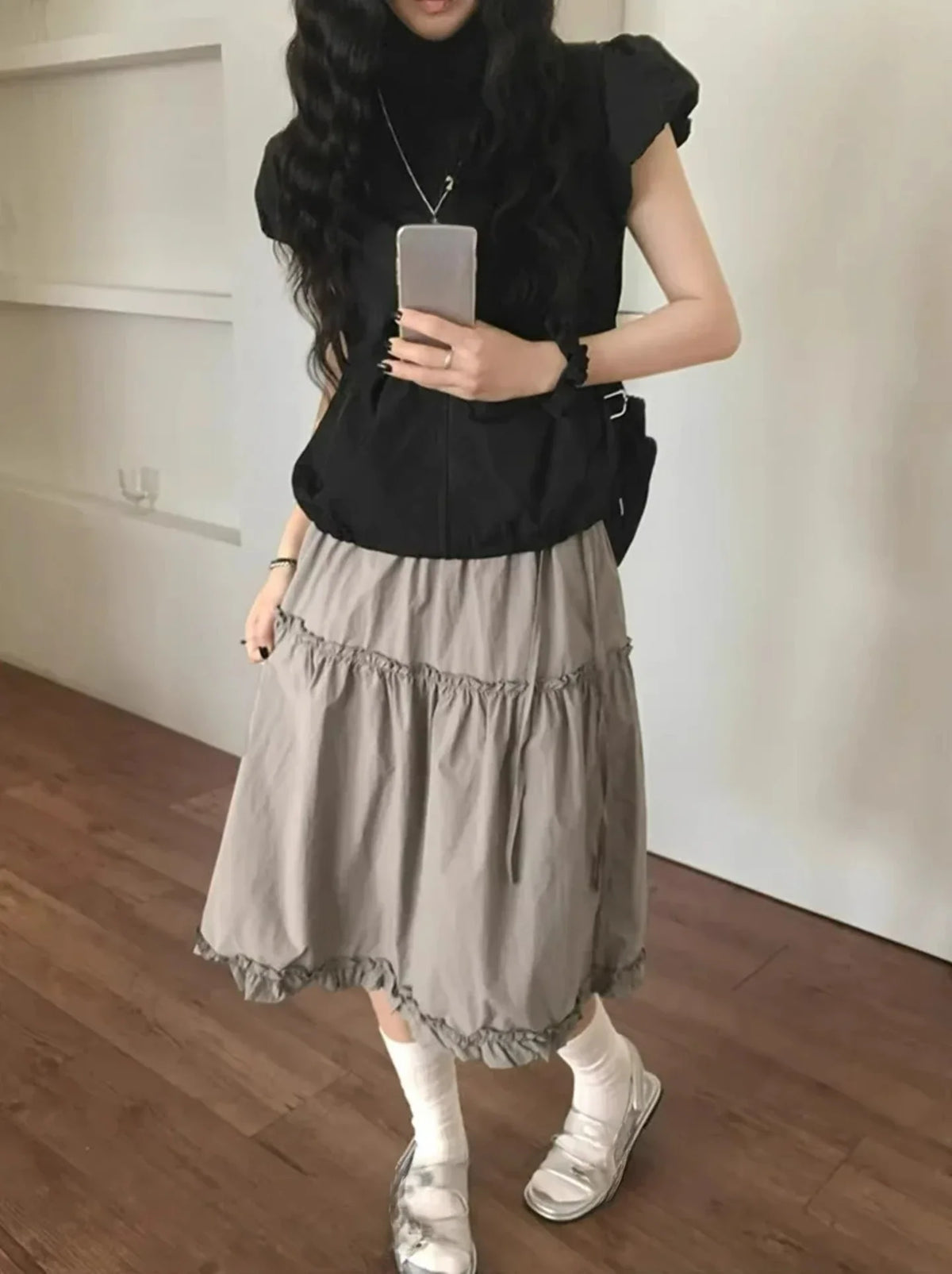 Korean Niche Retro Lace Patchwork Design Elastic and Versatile Slimming A-line Skirt