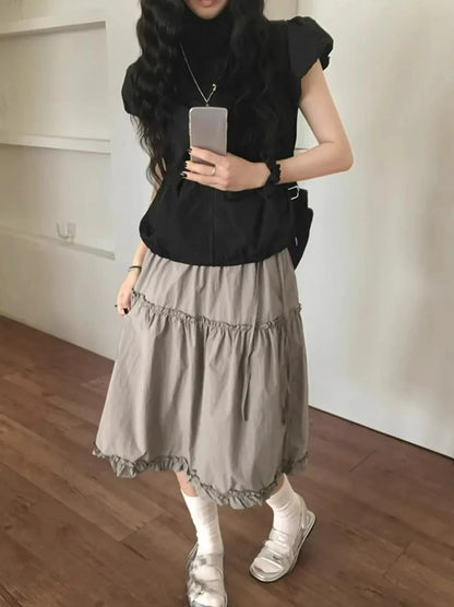 Korean Niche Retro Lace Patchwork Design Elastic and Versatile Slimming A-line Skirt