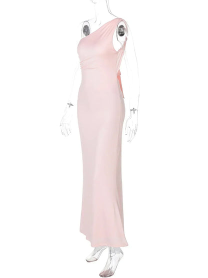 Asymmetrical Halter High Neck One-Shoulder Ruched Waist Bodycon Maxi Dress